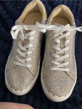 Anne Klein Glitter Crystal Lace-Up Sneakers in Gold and White